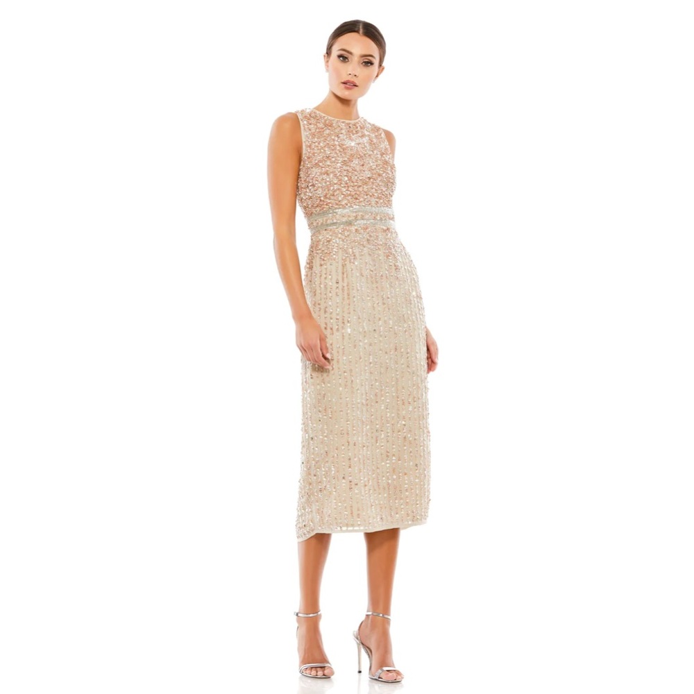 NWT Mac Duggal Sleeveless High Neck Beaded Midi Sheath‎ Dress Sz 14